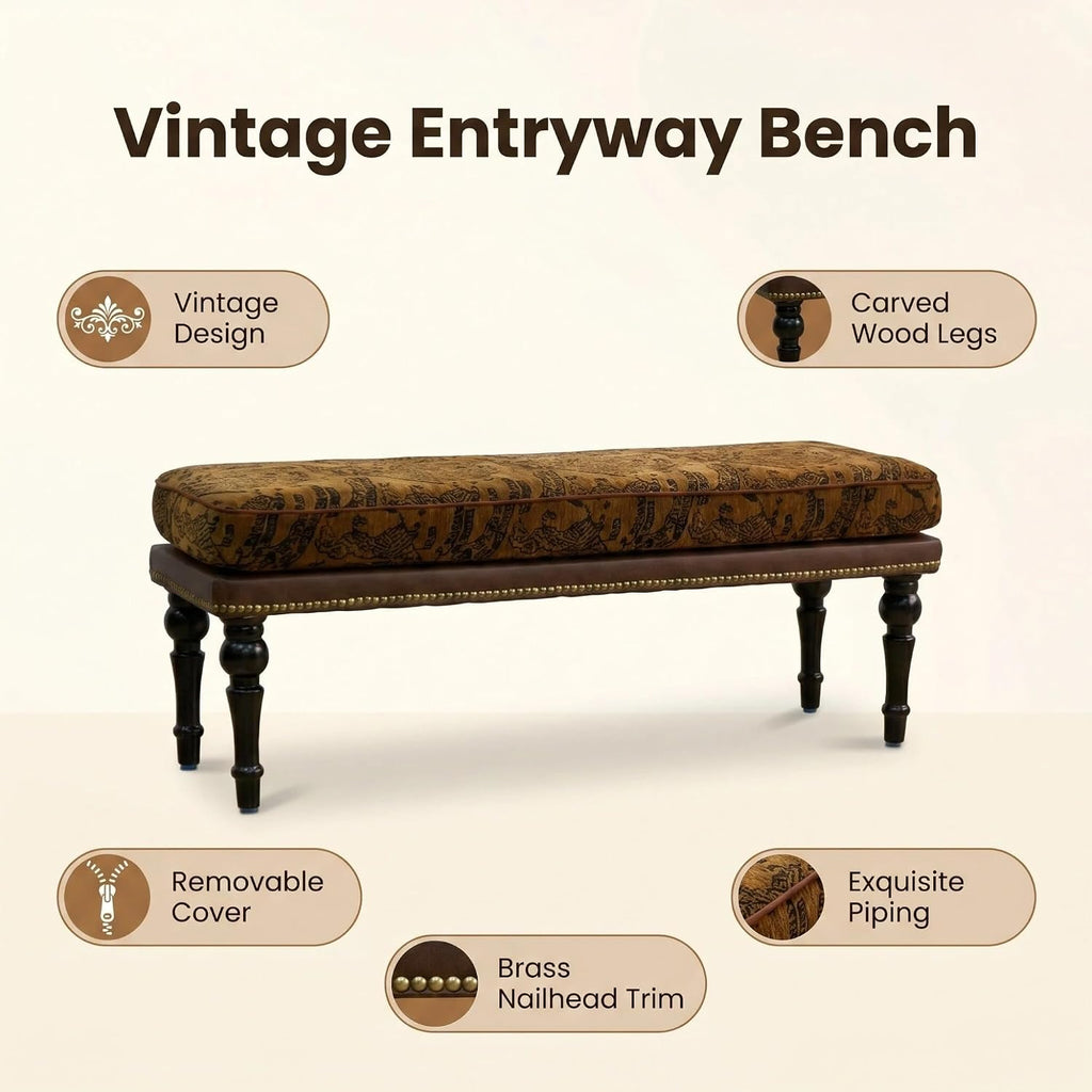 Forteek 47" Vintage Pattern Upholstered End of Bed Bench, Entryway Bench | Bedroom Bench with Detachable Washable Cover, Nailhead Trim, Sturdy Solid Wood Legs,Window Bench, Hallway Bench, Dining Bench