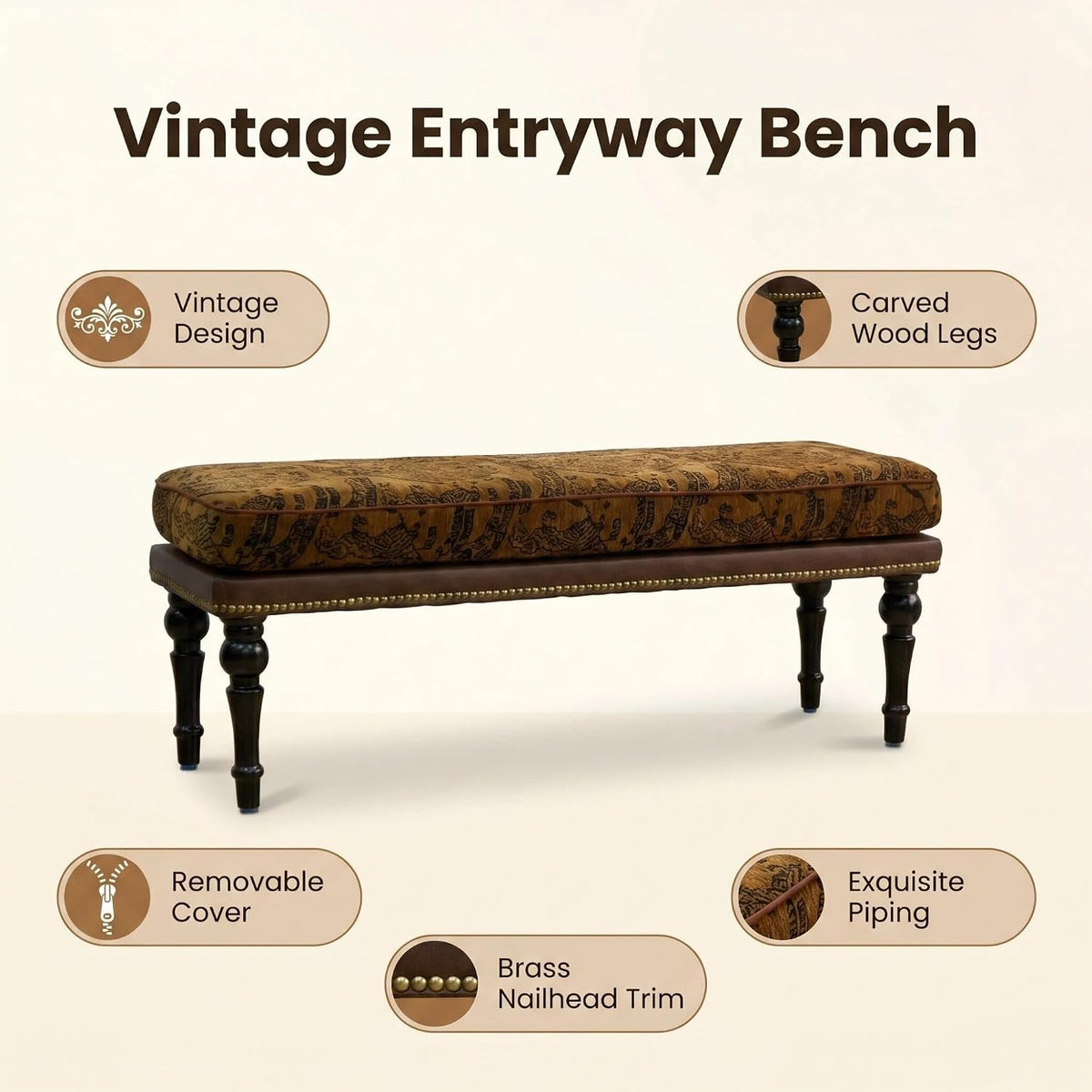 Forteek 47" Vintage Pattern Upholstered End of Bed Bench, Entryway Bench | Bedroom Bench with Detachable Washable Cover, Nailhead Trim, Sturdy Solid Wood Legs,Window Bench, Hallway Bench, Dining Bench