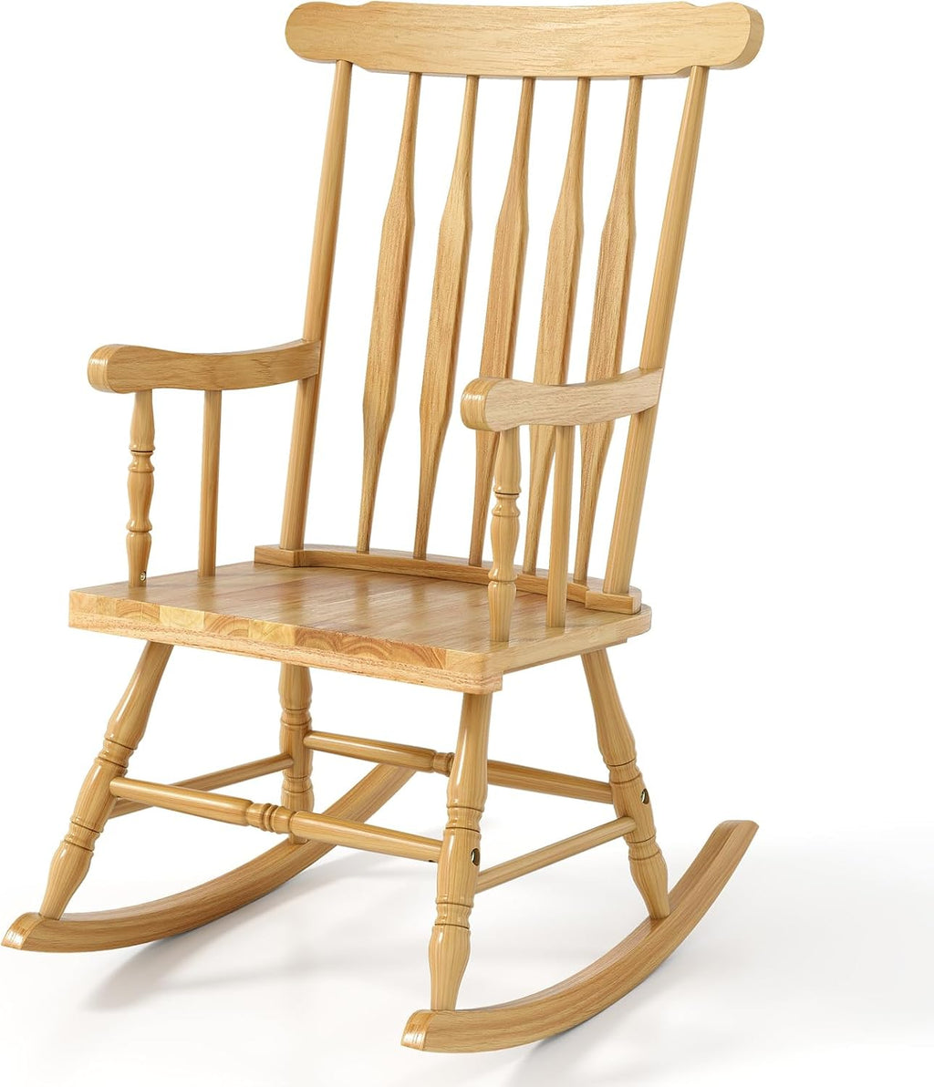 GIANTEX Outdoor Wood Rocking Chair, Patio Rocking Chair, Natural | Solid Rubber Wood Frame, Slat Back, Outdoor & Indoor Rocker Front Porch Rocker for Garden, Poolside, Balcony, Backyard, Lawn