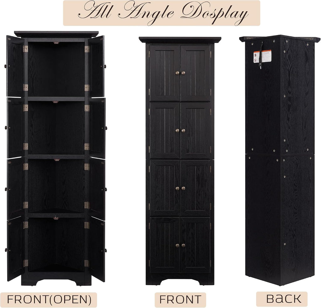 Corner Storage Cabinet 72" H Wooden Kitchen Pantry with 8 Doors, Freestanding Bookshelf Cabinet with Adjustable Shelves for Living Room (Black & Style 2)
