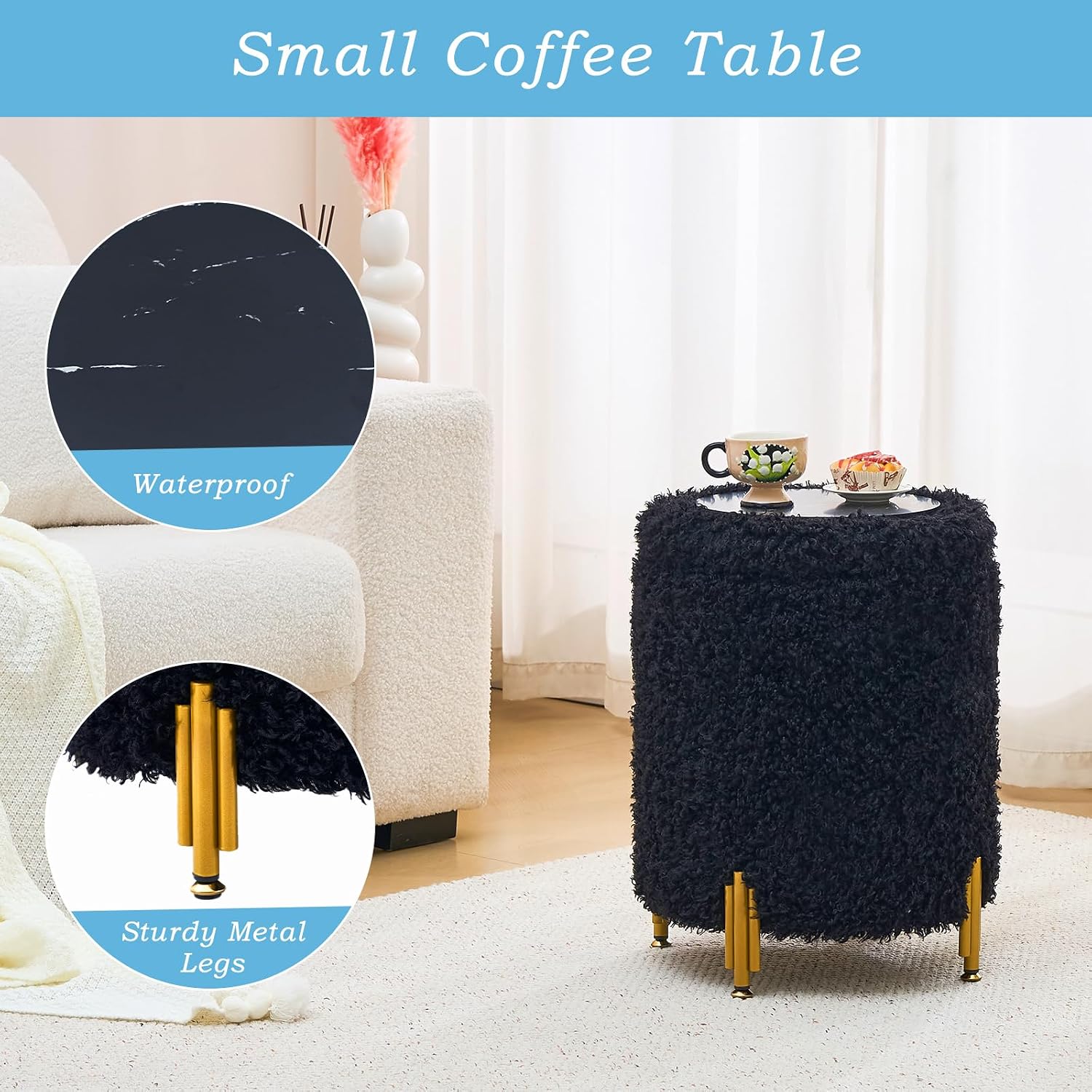 Round Storage Ottoman,Modern Foot Stool with Metal Legs,Vanity Stool with Soft Padded Seat,Side Table or Plant Stand for Hallway,Living Room (Black-Long Wool)