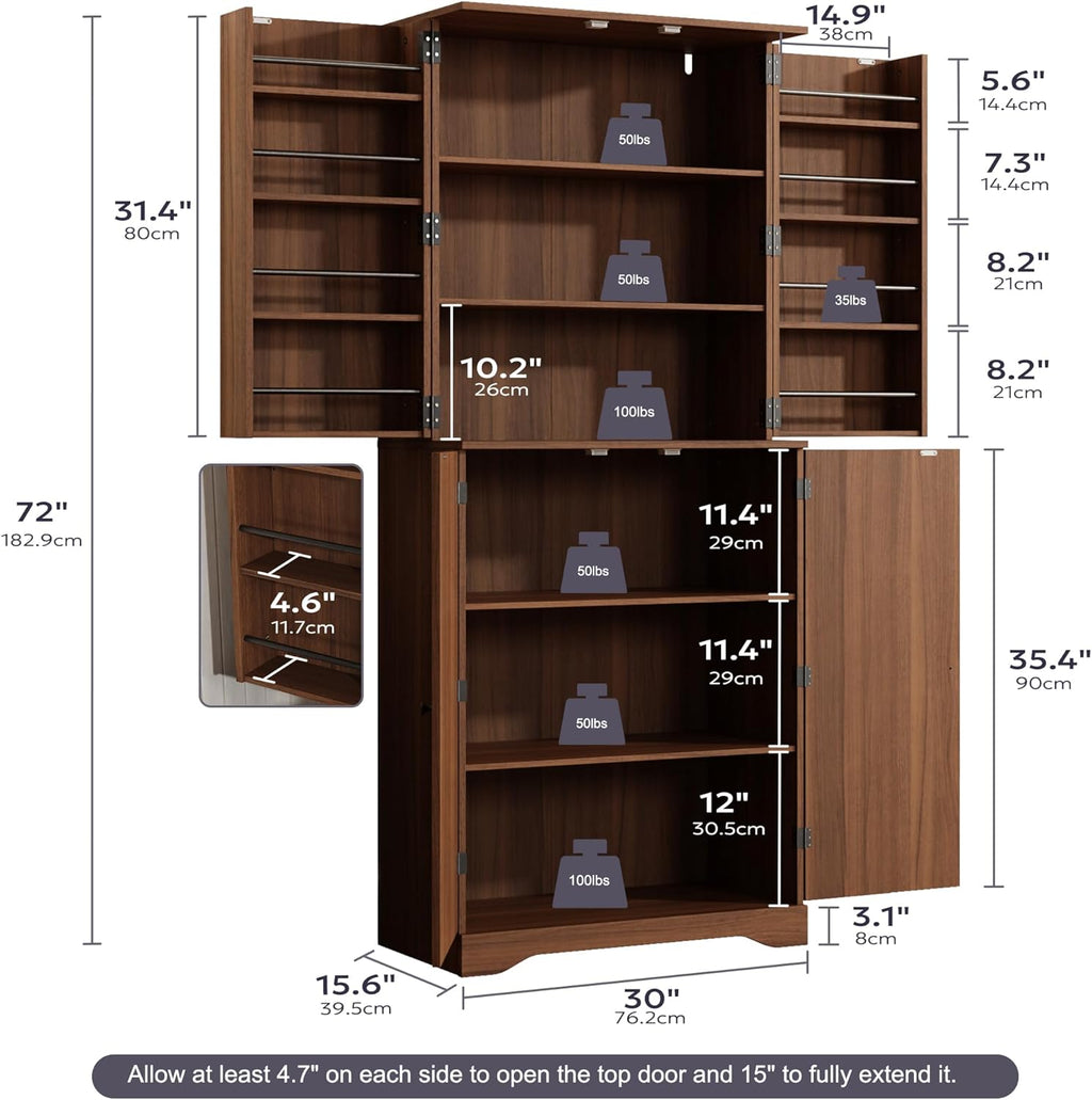 Furnify 72" Tall Kitchen Pantry, Farmhouse Pantry Storage Cabinet with Doors Organizer, Freestanding Cupboard with Adjustable Shelves, Rustic Buffet Cabinet for Kitchen, Dining Room, Bathroom, Walnut