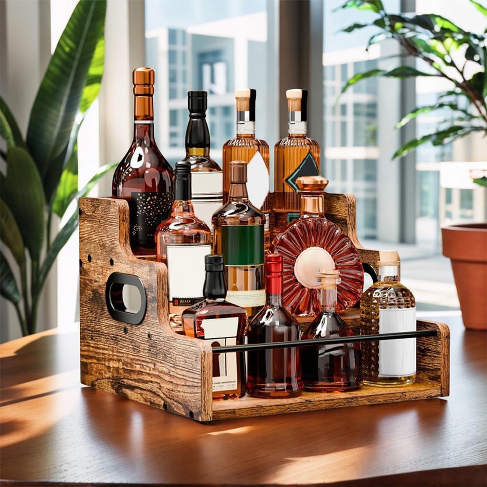 Liquor Bottle Display Shelf, Coffee Syrup Rack Organizer, 3 Step Countertop Liquor Wine Rack, mini bar,Liquor Cabinet, Home Retro Bar Shelf Stand for Liquor Whiskey,