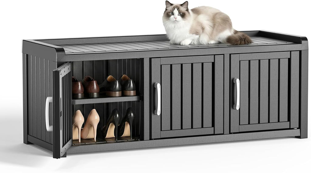 EFU Shoe Bench with Storage, Shoe Cabinet Indoor Outdoor with Adjustable Shelves, Waterproof Shoe Organizer with 3 Doors for Entryway, Bedroom, Living Room (Black)