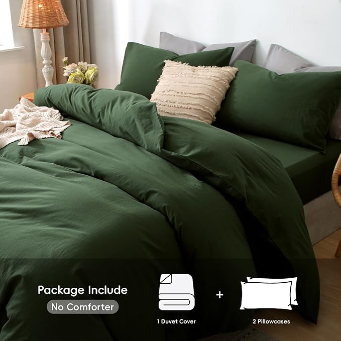 MooMee Bedding Duvet Cover Set 100% Washed Cotton Linen Like Textured Breathable Durable Soft Comfy (Solid Forest Green, Oversized King Plus 128"x120")