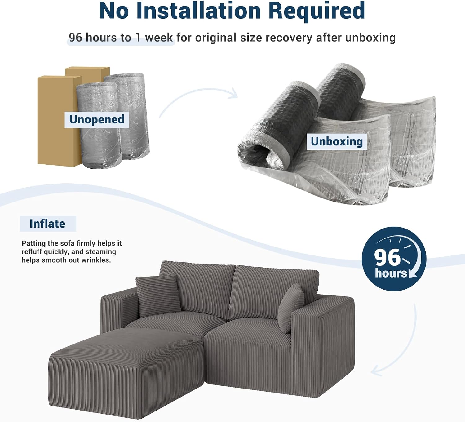 Modular Sleeper Sofa Couch Modern Sectional Couches for Living Room - 79" L-Shaped Cloud Couch - Easy Assembly Corduroy Convertible Sponge Compression Sofas with Chaise for Home House(Grey)