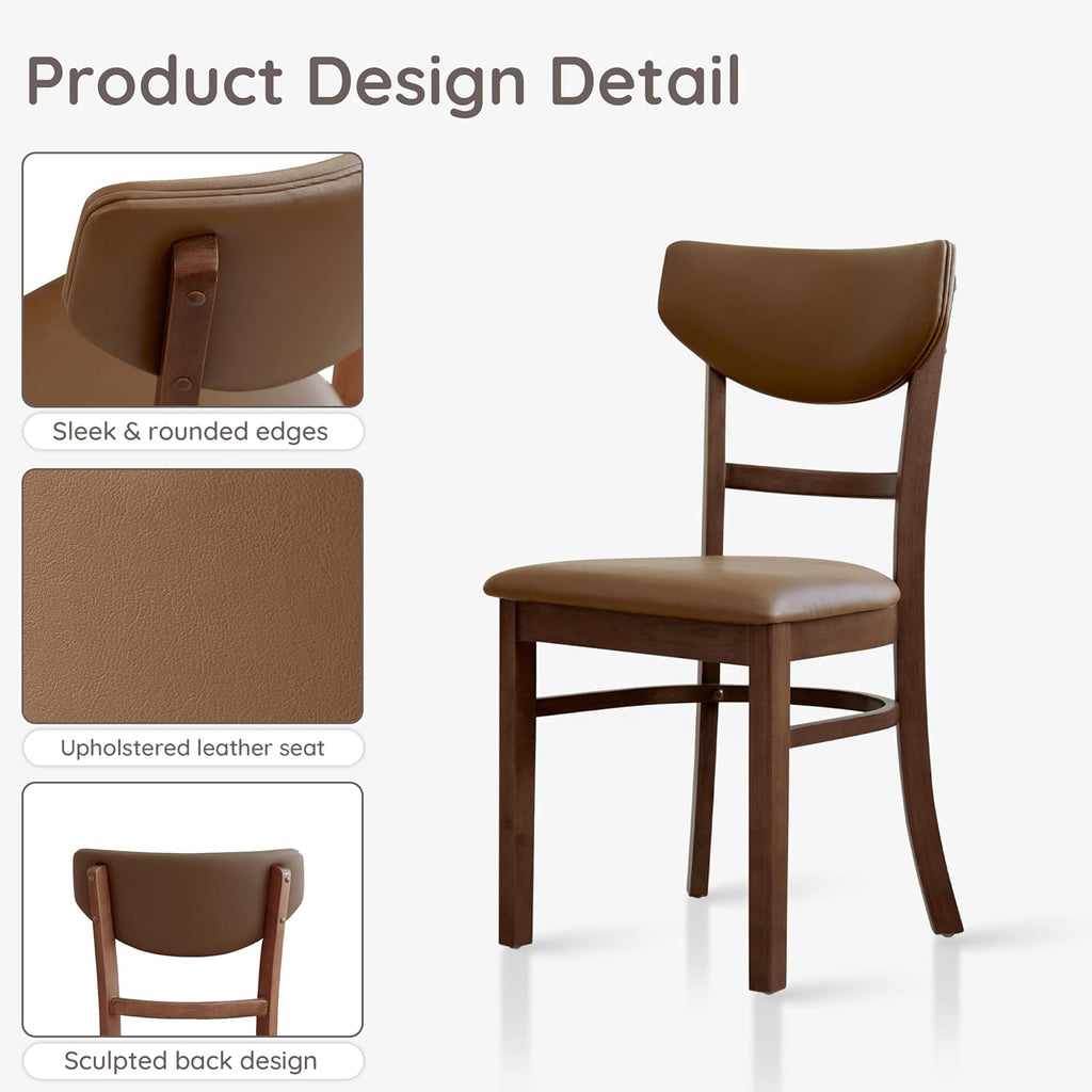 Livinia Bay Dining Chair Set of 2, Solid Malaysian Oak PU Leather Upholstered Cushion Seat, Curved Back Side Chairs (Walnut)