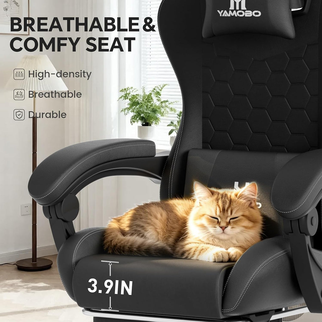 Gaming Chair, Computer Office Chair with Footrest, Adjustable Height & Backrest Gaming Chairs with Swivel for Adults, High Back PU Leather Ergonomic Chair with Lumbar Support, Black