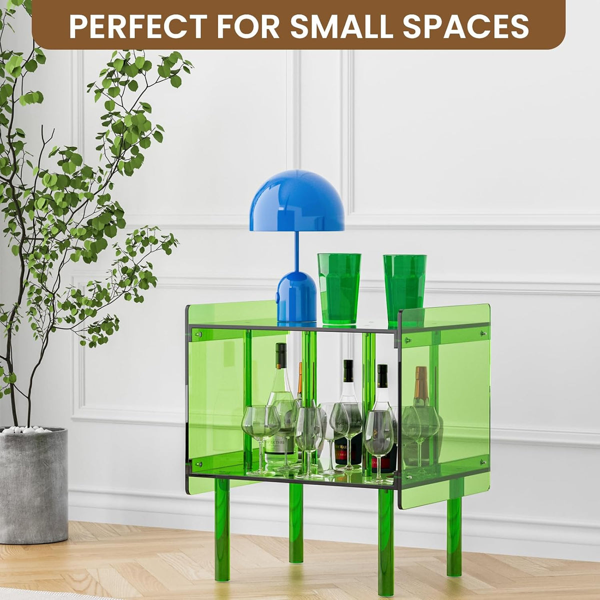Dethan Acrylic Side End Table Record Player Stand with Vinyl Storage – Modern Turntable Table with Record Holder, Clear Side Table for Living Room, Bedroom, Small Spaces – Green, 18.7" x 14.6" x 26.1"