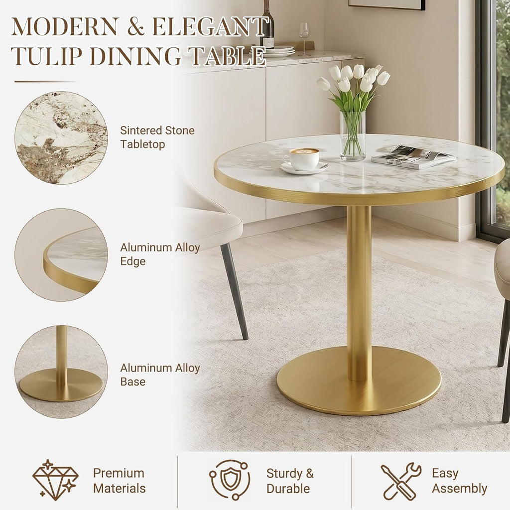 31.5" Tulip Table with Sintered Stone Tabletop and Golden Metal Pedestal, Small Round Dining Table for 2-4 Person, Modern Bistro Table for Kitchen, Small Spaces, Living Room, Cafe (Glossy Pandora)
