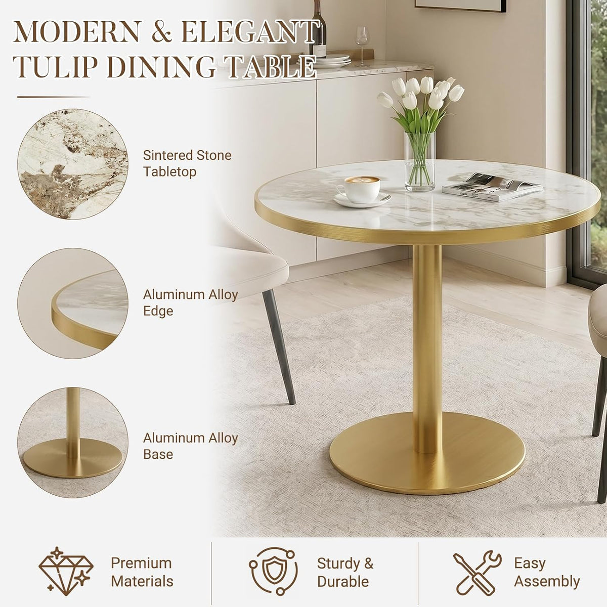 31.5" Tulip Table with Sintered Stone Tabletop and Golden Metal Pedestal, Small Round Dining Table for 2-4 Person, Modern Bistro Table for Kitchen, Small Spaces, Living Room, Cafe (Glossy Pandora)