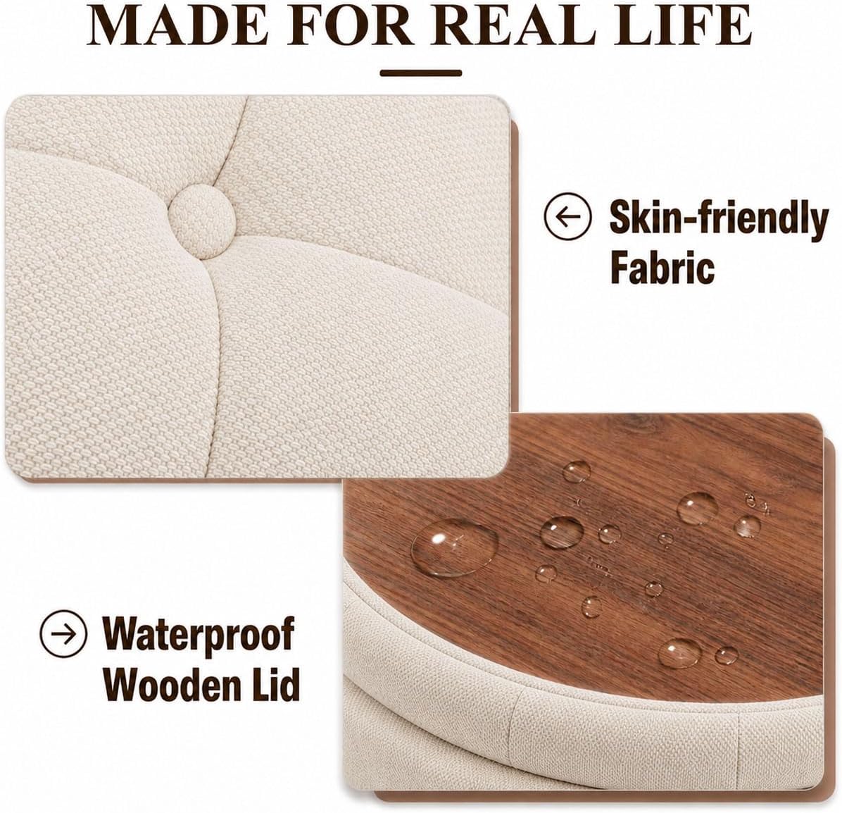 25" Round Ottoman with Storage, Small Coffee Table with Reversible Tray Lid | Tufted Fabric Round Storage Ottoman with Solid Wood Legs, 3-in-1 Footrest for Living Room, Bedroom, Entryway, Camel