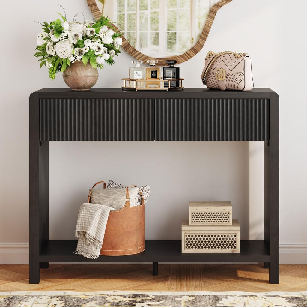 FATORRI Console Entryway Table, Modern Sofa Table with 2 Drawers for Living Room, 39.37 inch Narrow Wood Hallway Tables and Couch Tables Behind Sofa for Small Space (Black)