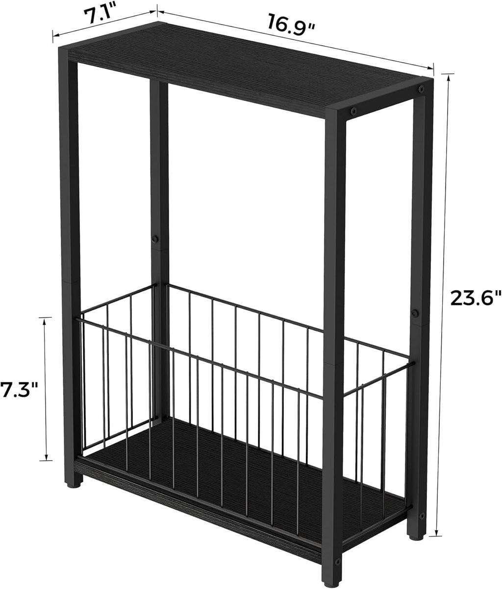 Homleke Narrow Side Table with Magazine Holder, Skinny End Table Perfect for Small Spaces, Space-Saving Design for Living Room, Bedroom, or Office, 7.1" D x 16.9" W x 23.6" H, Black