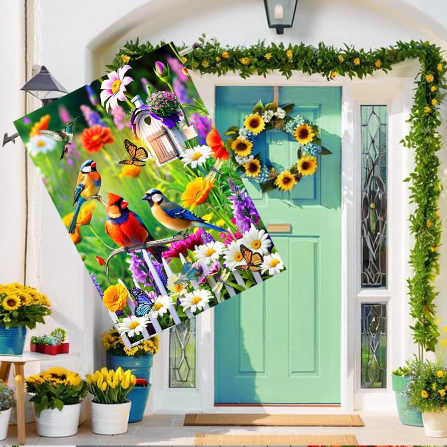 Spring Summer Humming bird House Flag Birds Floral Garden Flags 28x40 Double Sided, Large Yard Flags for Outside Decoration