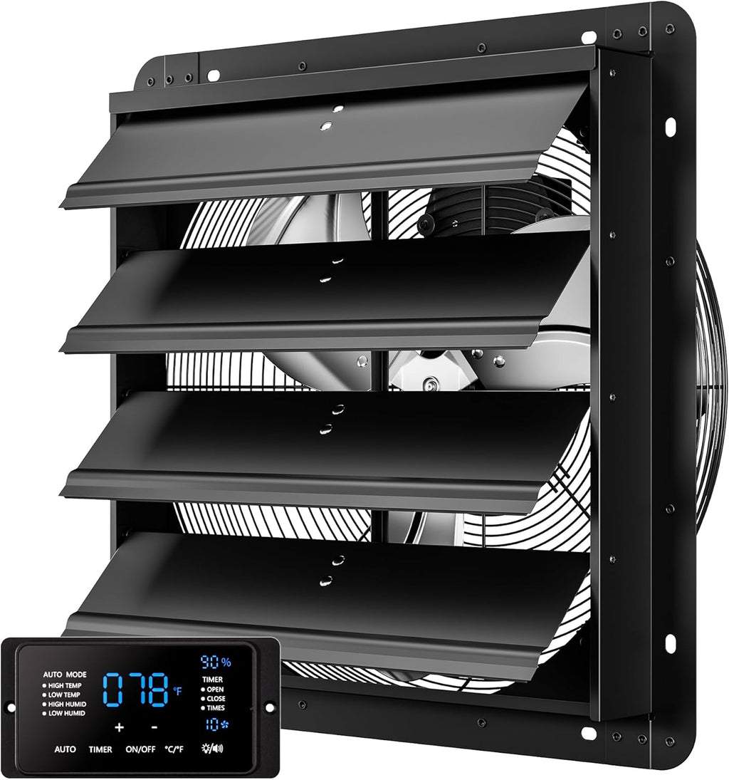 18 Inch EC Motor Shutter Exhaust Fan, 6 Inch Large Touchscreen Controller for Temp Humidity and Speed Control, 10-Speed Wall Mount Fan for Attic, Greenhouse, Garage, Chicken Coop Ventilation
