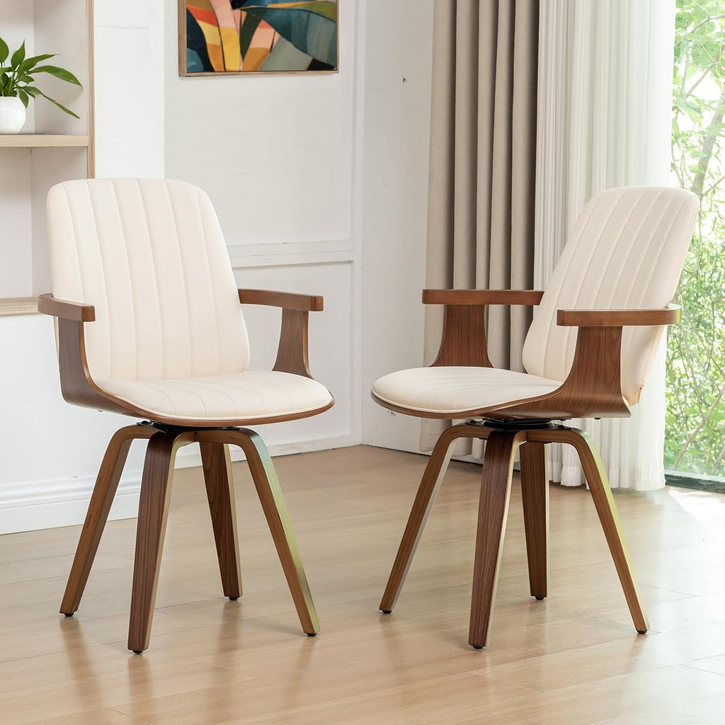 Mid Century Modern Dining Chairs, Swivel Dining Chairs with Arms Walnut | Natural Bentwood Frame, Faux Leather Upholstered Seat , Wooden Arms and Legs, Leather Swivel Chairs for Kitchen, Dining Room