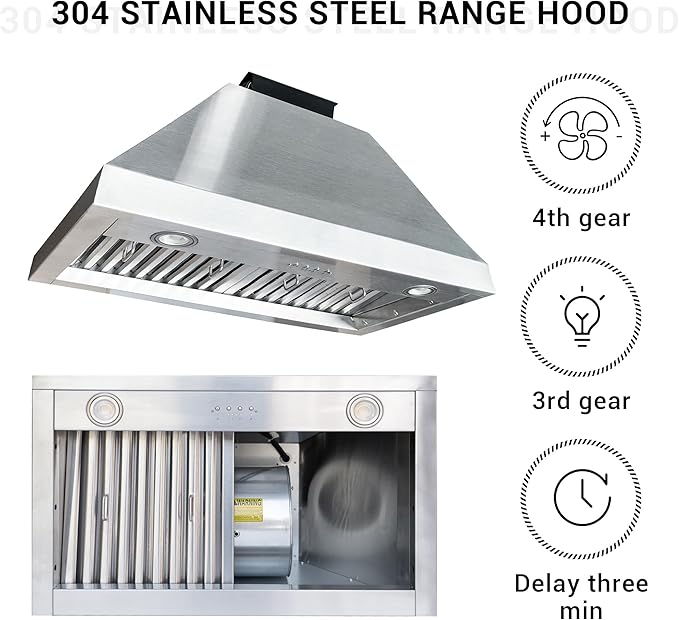 CHETTO C Stainless Steel Range Hood Cover with 4-Speed Vent Hood Insert Custom Handcrafted Metal Kitchen Fan with Towel Rack LED Light 30"W x24"D x36"H White Wall Mount