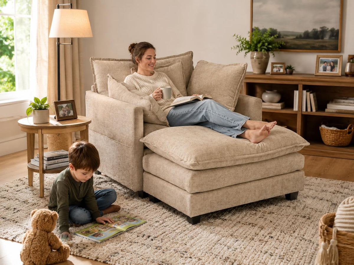 41" Oversized Chair with Ottoman, Chenille Reading Chair and a Half, Deep Seat Comfy Armchair with Pillows for Living Room, Bedroom, Apartment, Home Office (Coffee)