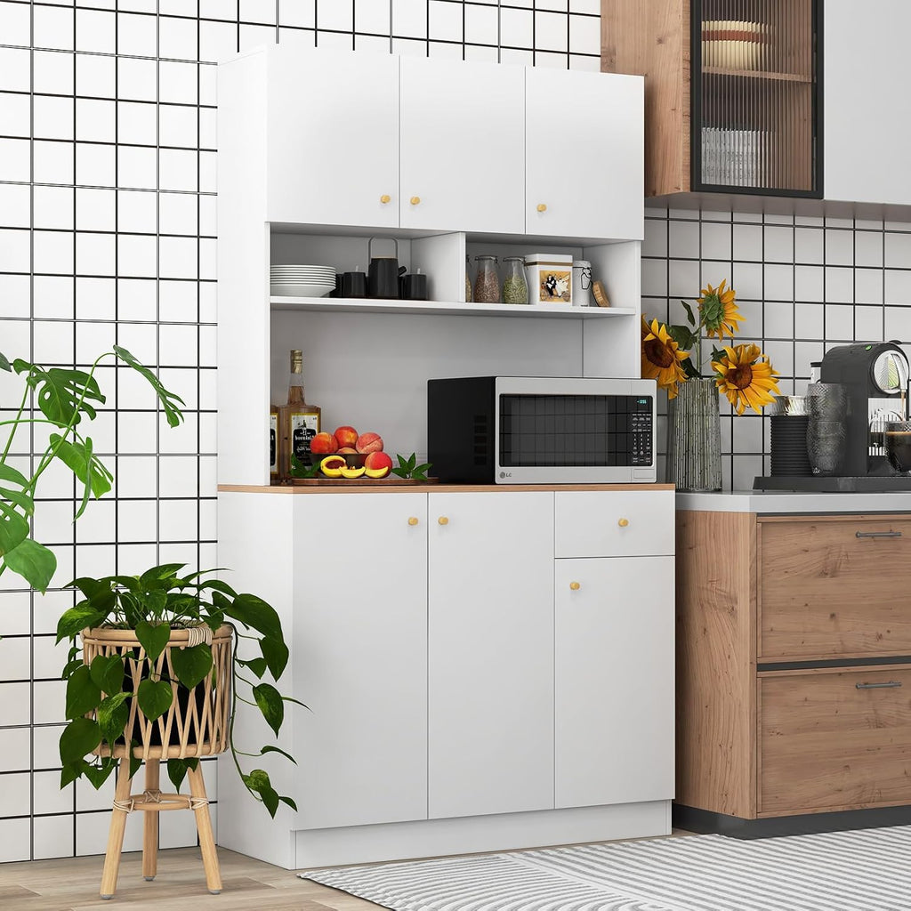 71" Tall Kitchen Hutch, Modern Pantry Storage Cabinet with Power Outlets, Microwave Shelf, Adjustable Shelves, Freestanding Buffet Cupboard for Dining Room