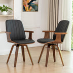 WUPOTO Swivel Dining Chairs, Set of 6 Kitchen Swivel Chairs with Walnut Craftsmanship, Upholstered Faux Leather, Wooden Arms and Legs, Walnut Dining Chairs for Kitchen/Living Room - Black