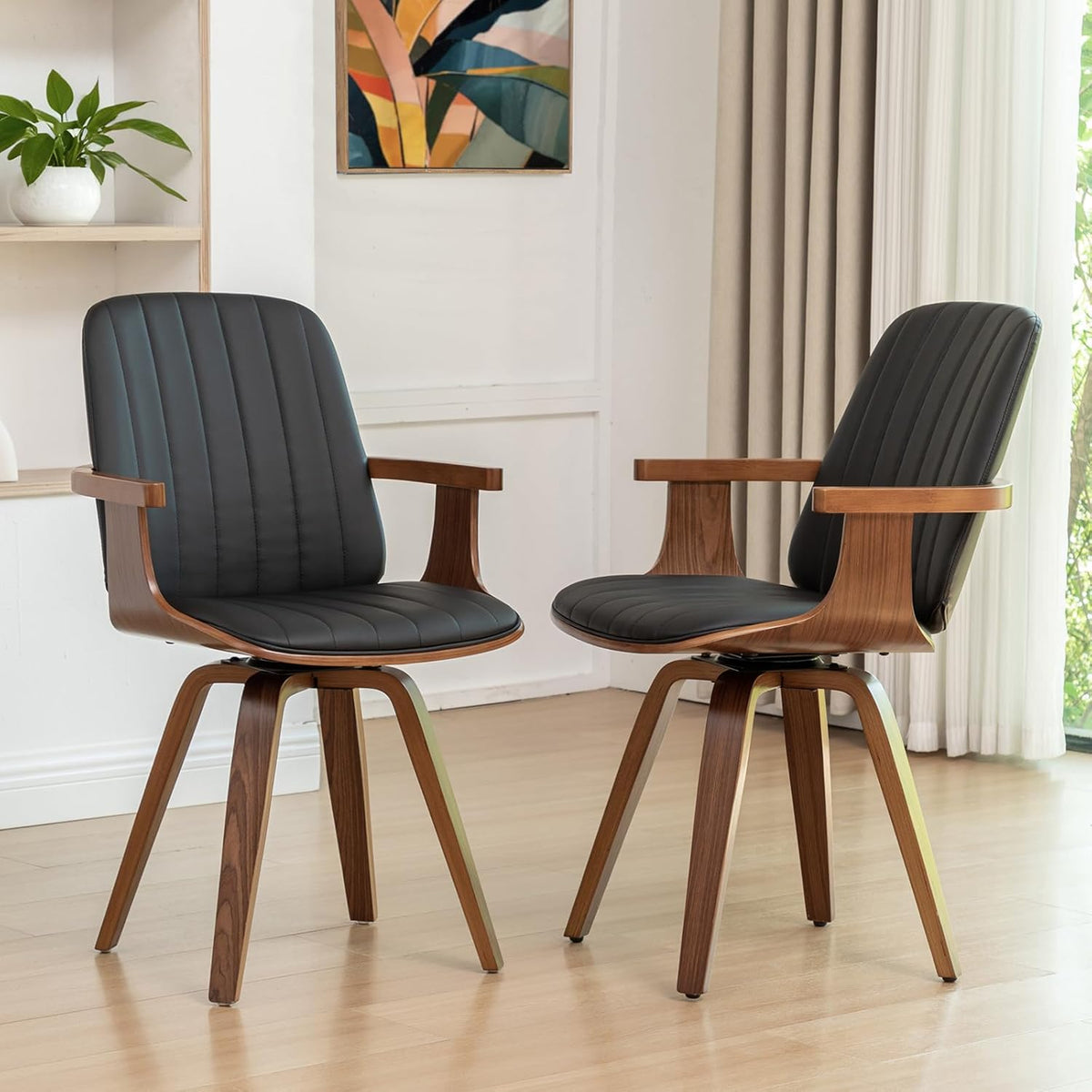 WUPOTO Swivel Dining Chairs, Set of 4 Kitchen Swivel Chairs with Walnut Craftsmanship, Upholstered Faux Leather, Wooden Arms and Legs, Walnut Dining Chairs for Kitchen/Living Room - Black