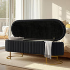 55.5" Velvet Upholstered Storage Bench with Channel Tufted Seat and Metal Legs, Multi-Functional Ottoman with Interior Organizer Pockets for Bedroom and Entryway, Flipping Lid Large Window Bench