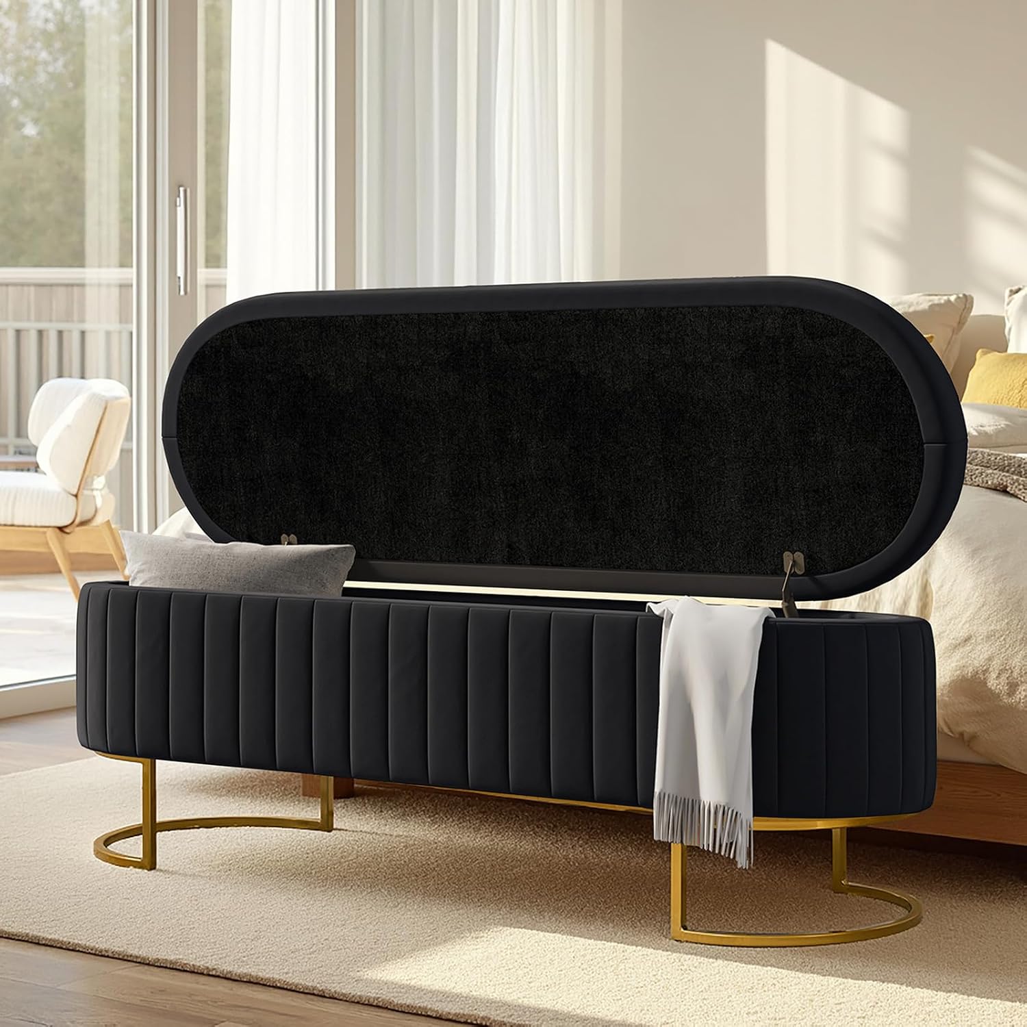 55.5" Velvet Upholstered Storage Bench with Channel Tufted Seat and Metal Legs, Multi-Functional Ottoman with Interior Organizer Pockets for Bedroom and Entryway, Flipping Lid Large Window Bench