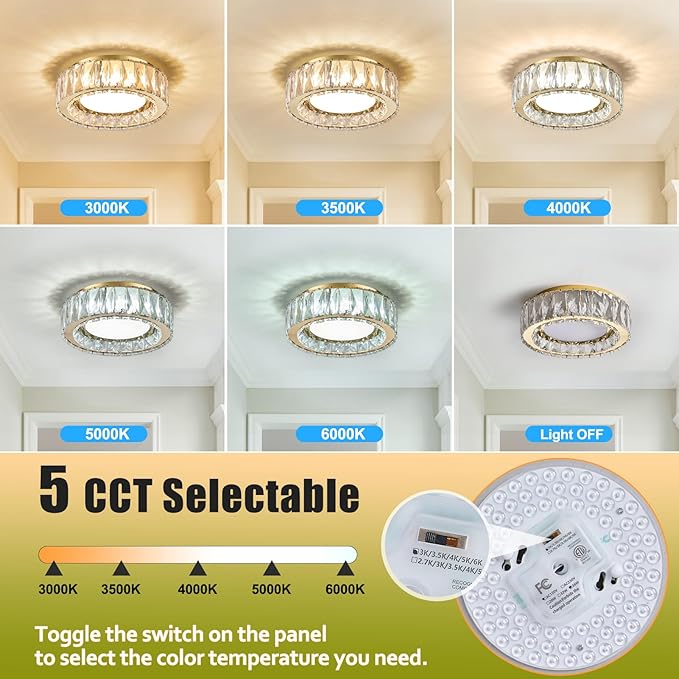 11 Inch Modern Gold Luxury Flush Mount Ceiling Light,Small Crystal Chandelier, Dimmable LED 5CCT 3000K-6000K 24W Round Close to Ceiling Light Fixture for Hallway,Kitchen,Bedroom,Laundry Room