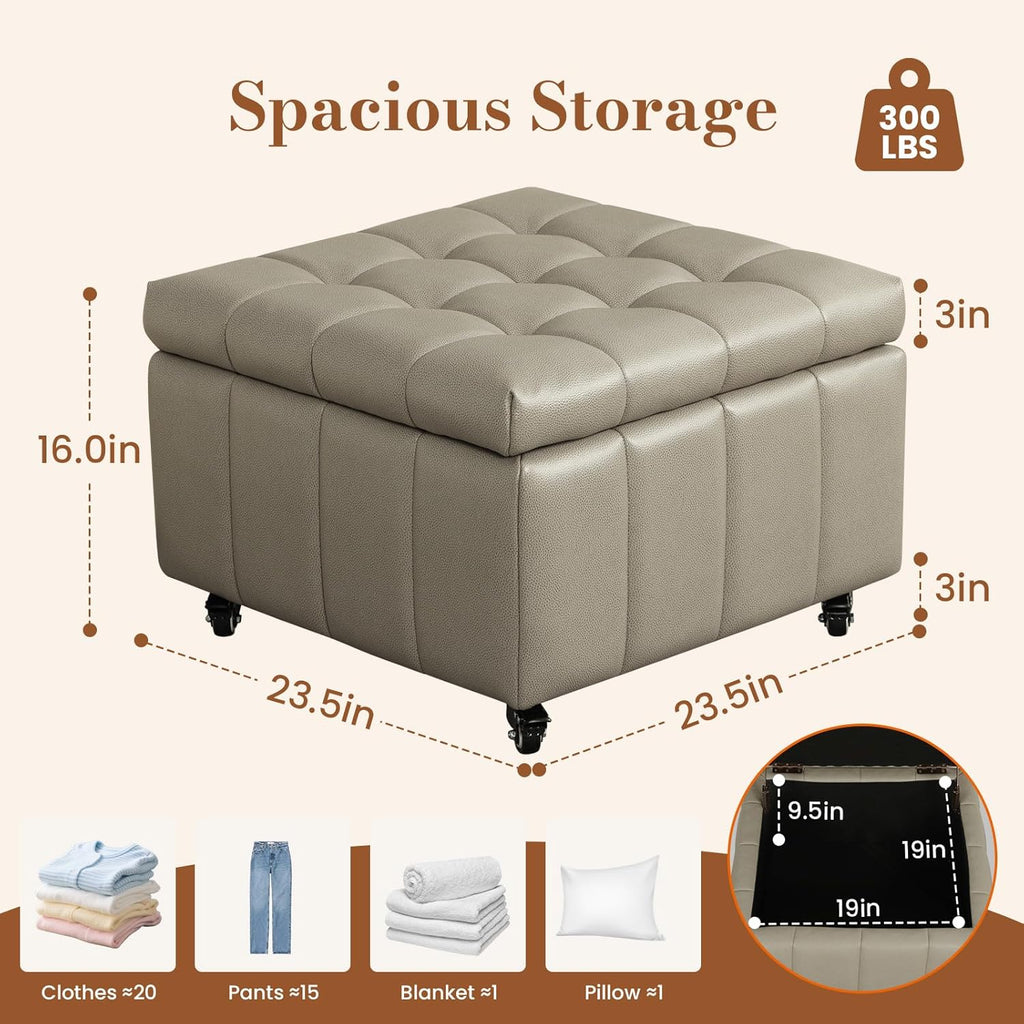 Square Leather Ottoman with Storage and Wheels,360°Rolling ottoman,Faux Leather Flip Top Storage Footstool Coffee Table, Rolling Upholstered Storage Ottoman for Living Room Entryway (Modern Grey)