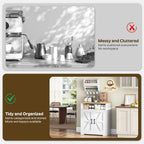 YATINEY Coffee Bar Cabinet, Kitchen Island with Storage, Farmhouse Sideboard Buffet Cabinet with Dual-Purpose Floating Shelf and Hooks, for Kitchen Living Room, White and Natural KF22WN