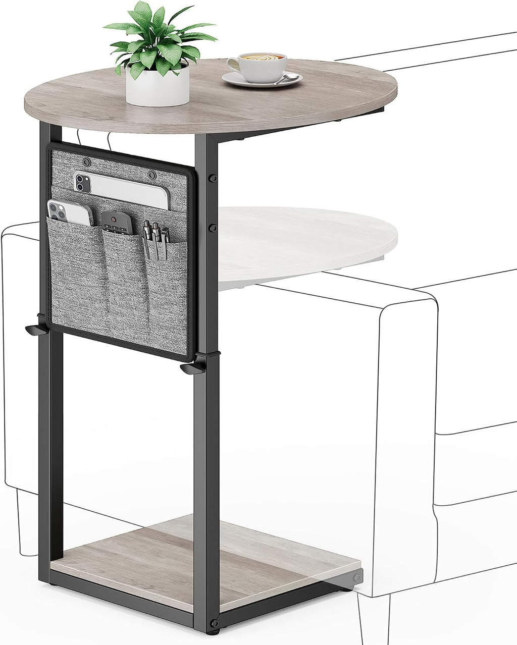 Vagusicc C Shaped End Table, Adjustable Height Small Side Table for Couch and Recliner, 32" Tall Couch Side Table Slide Under Sofa Tray Desk with Storage Bag for Living Room and Bedroom, Greige