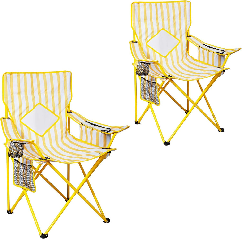 Nazhura 2 Pack Outdoor Camping Chairs Folding/Foldable/Portable with Cooler Pouch, Mesh Backrest and Cup Holder Pocket(Yellow, Metal, 2 Pack)