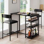 3 Piece Counter Height Dining Table Set for 2 with 3-Tier Storage Open Shelves & Upholstered PU Cushion Chairs, Space Saving Kitchen Table for Small Spaces, Apartment, Pub, Breakfast, Black