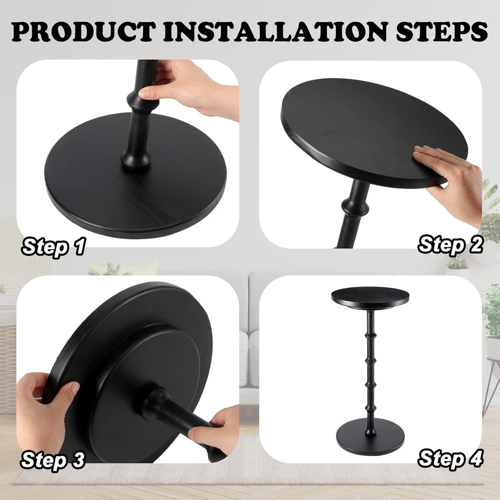 Marsui Black Pedestal Cocktail Side Table Solid Wood Martini Side Table for Couch Small Place Living Room Bedside Area