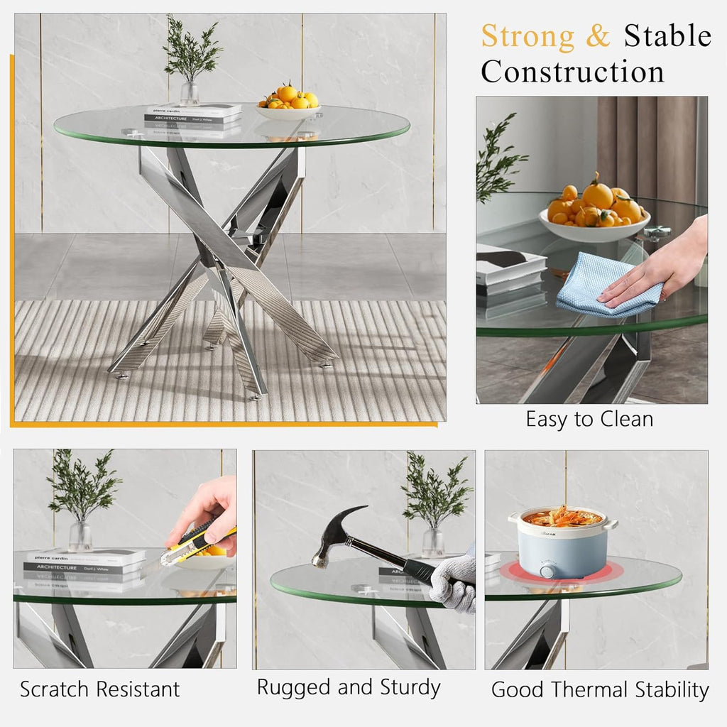 Round Glass Dining Table Set for 2, Small Kitchen Table Set for 2, 35" Round Glass Table and Olive Green Velvet Tufted Chairs Set of 2, 3 Piece Round Dining Room Table Set for Breakfast Dinette Cafe