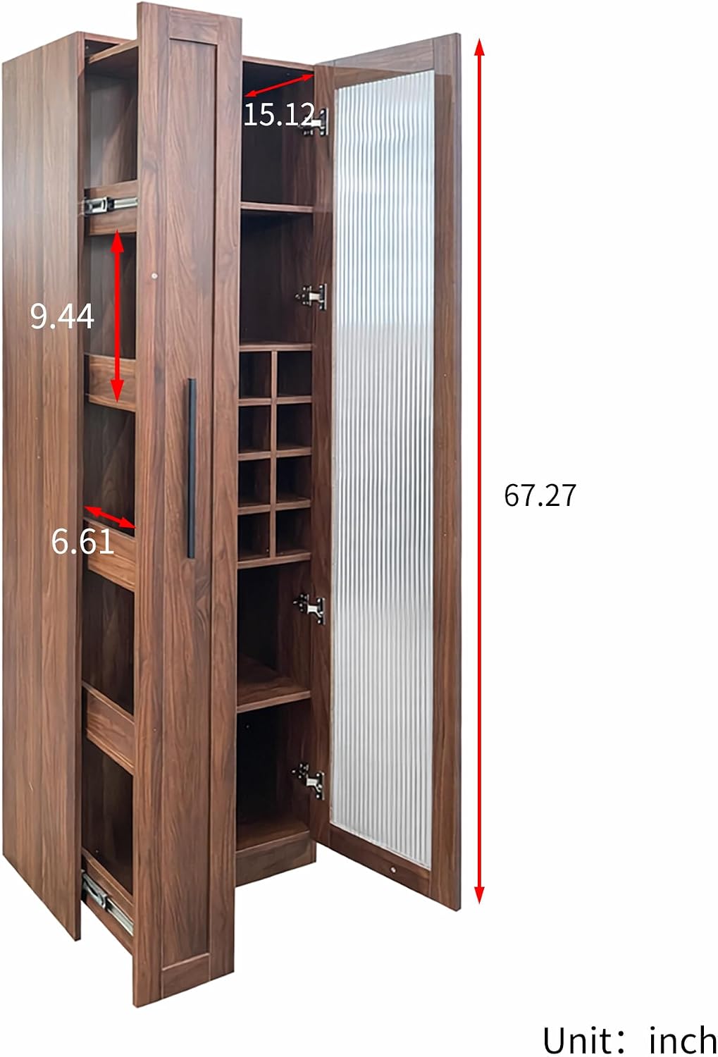 Kitchen Pantry Cabinet with Pull-Out 5-Tier Storage Shelf Space Saving Storage Organizer Cabinet with Glass Door Wine Racks Cup Holder for Kitchen, Dining Room, Bar, Walnut