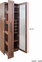 Kitchen Pantry Cabinet with Pull-Out 5-Tier Storage Shelf Space Saving Storage Organizer Cabinet with Glass Door Wine Racks Cup Holder for Kitchen, Dining Room, Bar, Walnut