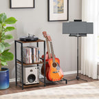 FurnitureR Multifunctional End Table with Guitar Stand, Industrial Style 3-Tier Music Equipment Rack with Wooden Board & Metal Frame, Guitar Stand with Storage Shelves, Holds 2 Guitars, Brown