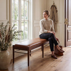 53" Faux Leather Entryway Bench with Cushion, Rustic Brown Dinner Bench for Dining Room, Upholstered End of Bed Bench Ottoman for Bedroom, Living Room with Walnut Base, Brown