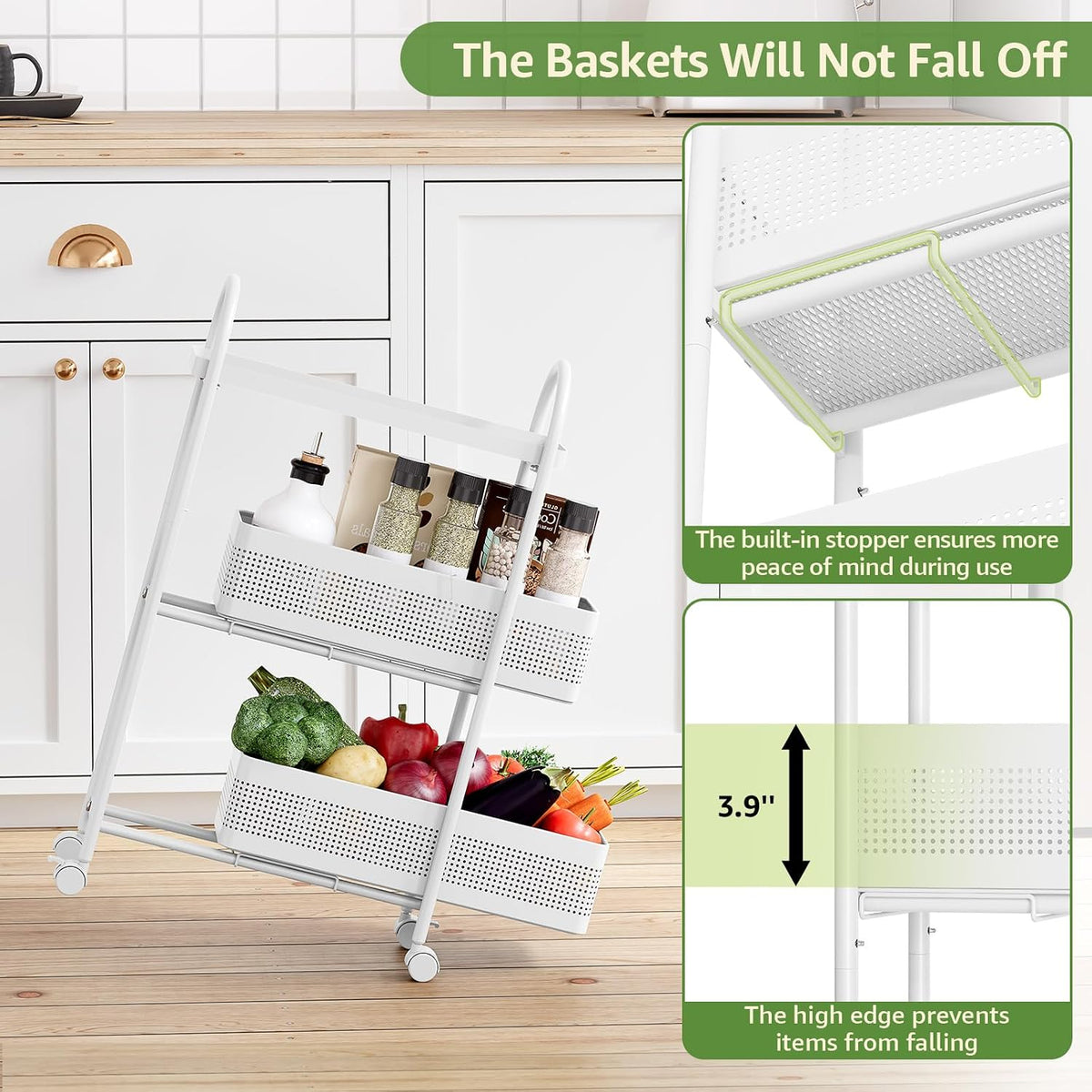 KINGRACK 3 Tier Slim Rolling Cart with Drawer, Metal Utility Storage Cart | 2 Pull-out Baskets, Lockable Wheels, Narrow Space Trolley Organizer for Bathroom, Kitchen, Office, Dorm, Laundry Room, White