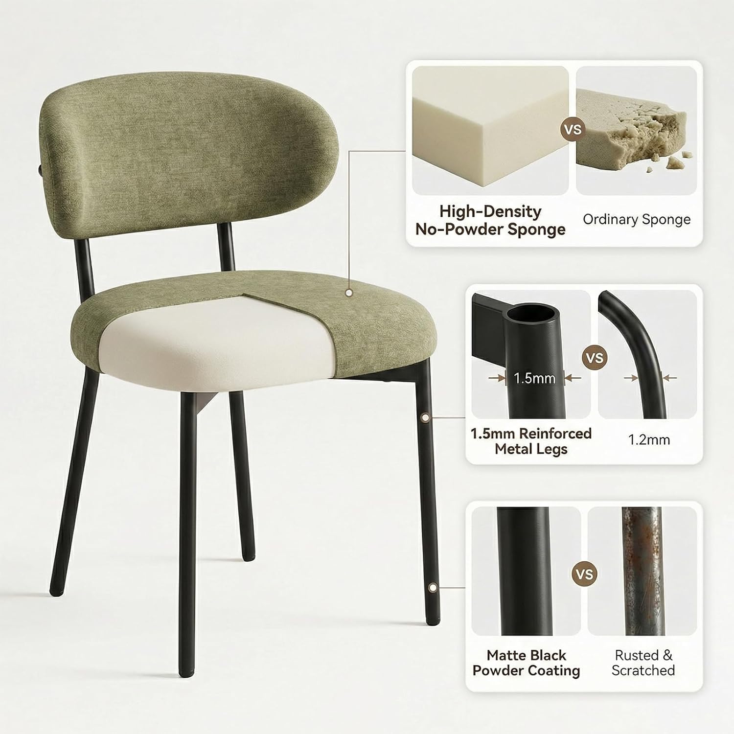 Upholstered Dining Chairs Set of 2, Modern Fabric Kitchen Chairs with Curved Backrest and Cushioned Seat, Sturdy Metal Legs, Modern Dining Chairs for Kitchen Dining Room, Living Room,Green
