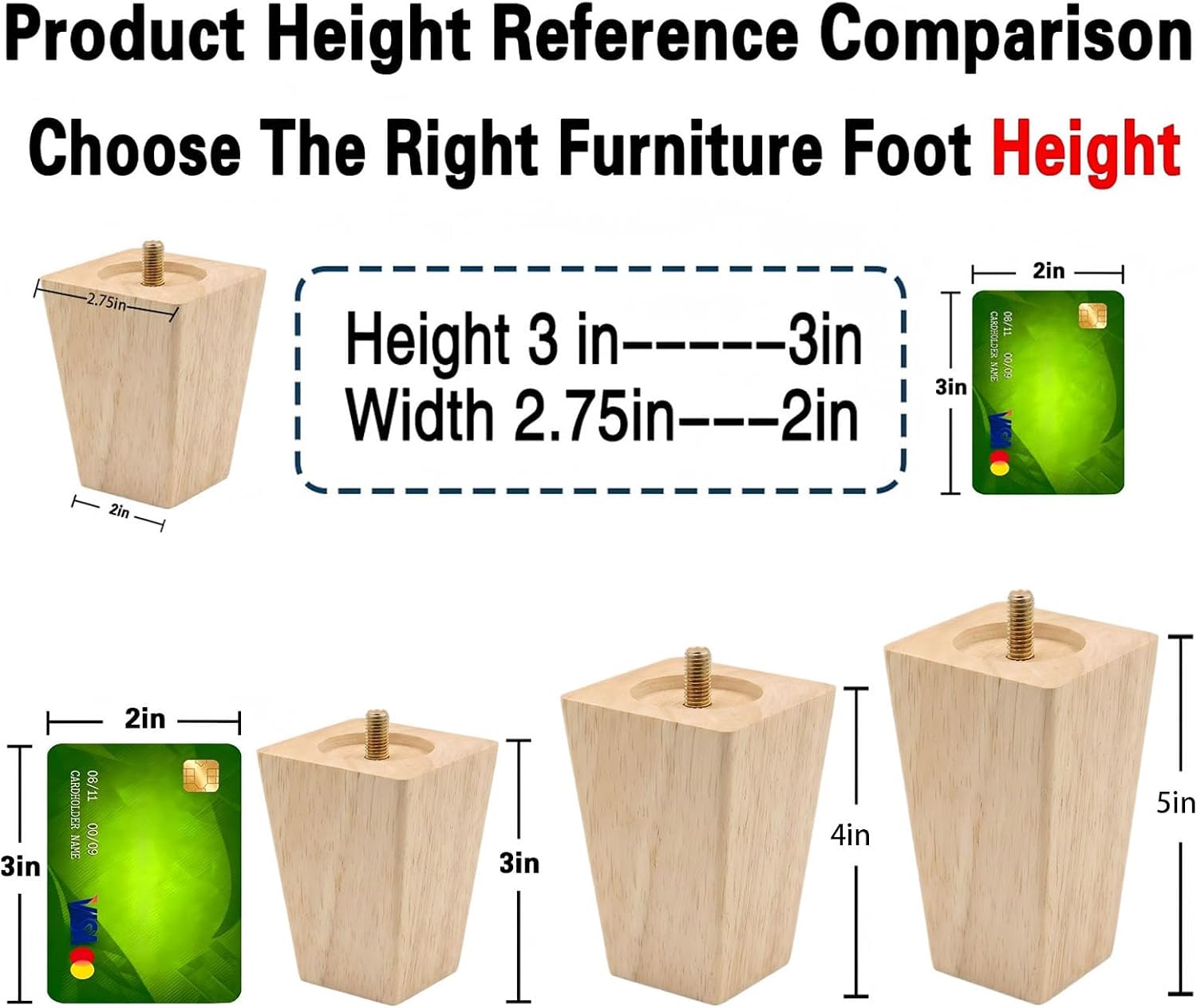 Unfinished Wood Furniture Legs 4 inch Sofa Legs Pack of 4 Square Couch Legs Mid-Century Modern Replacement Legs for Armchair Recliner Coffee Table Dresser(4" H*2.75" W)