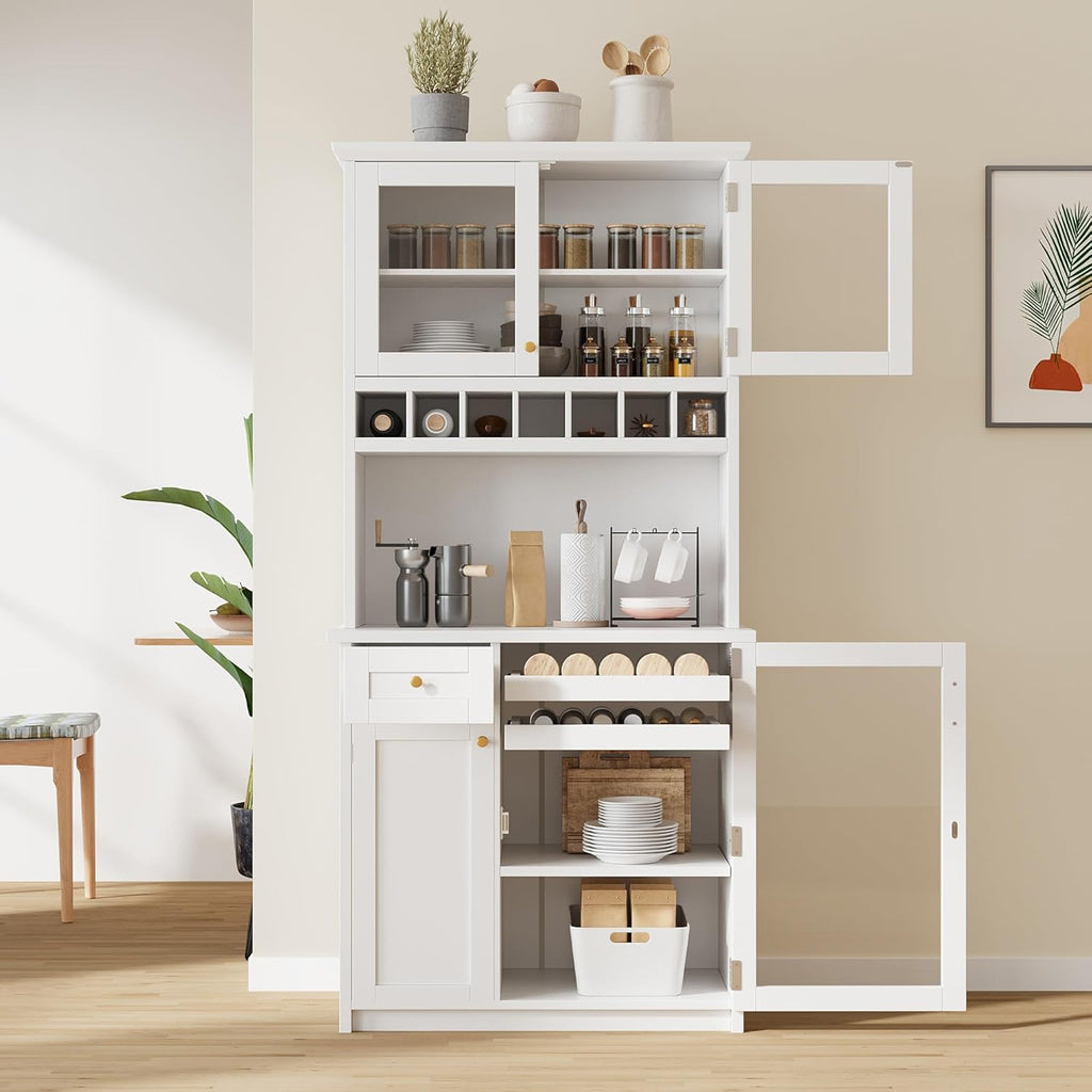 Merax 75" Tall Kitchen Pantry Storage Cabinet with Microwave Stand and Wine Rack, Pantry Storage Cabinet with 2 Pull Out Shelves and Glass Door, 35.4" W Coffee Bar Hutch for Dining Room,White