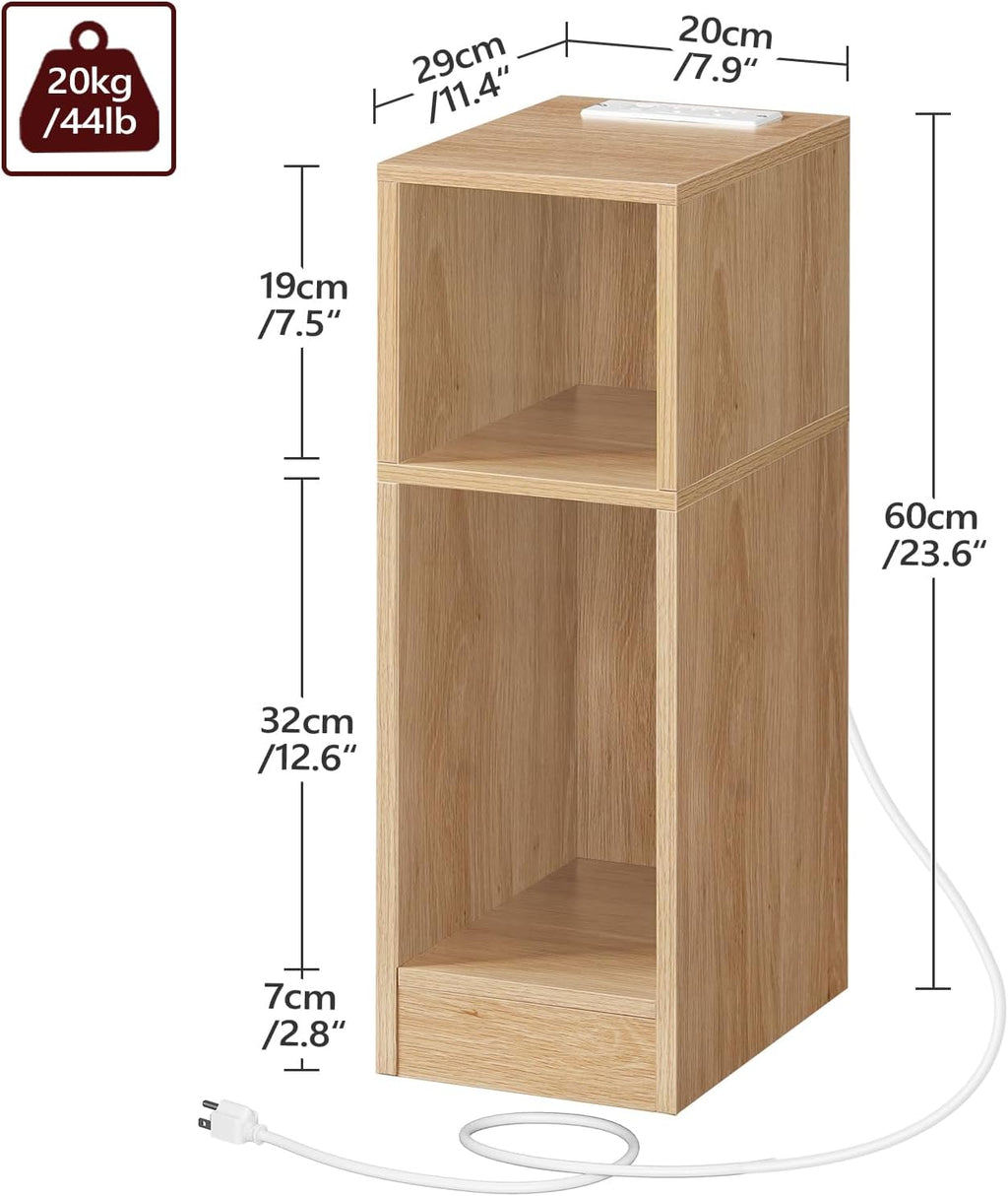 MAHANCRIS Narrow Nightstand, Narrow End Table with Charging Station, Skinny Bedside Table for Small Spaces, Mid Century Modern Night Stand for Bedroom, Living Room, Natural ETNA30E01