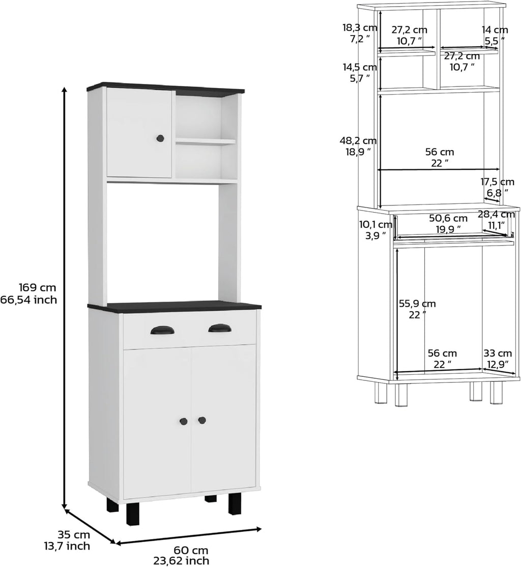 67" H Kitchen Pantry with Two Cabinets, Two Open Shelves, and One Drawer,White/Black