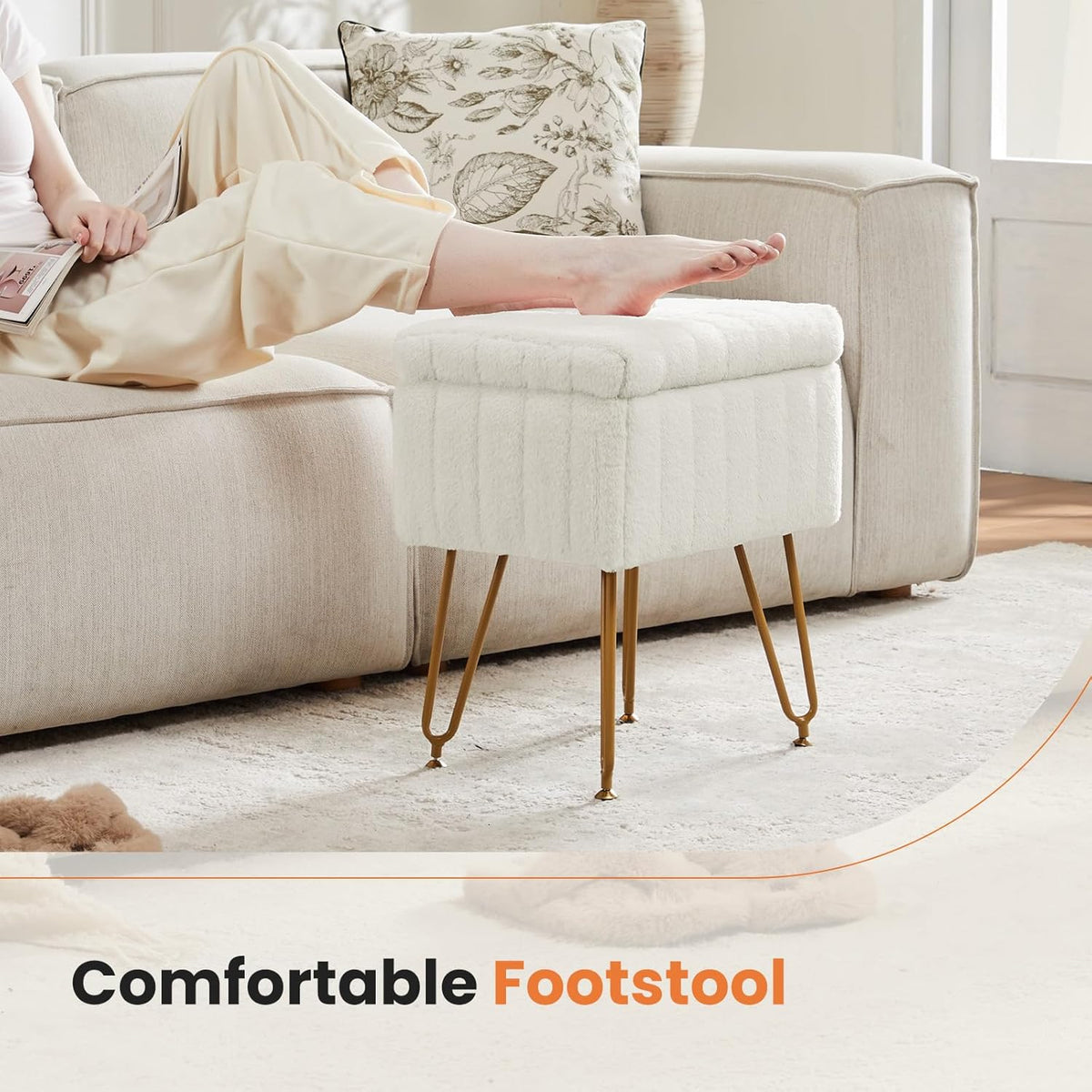 DUMOS Vanity Stool Chair Ottoman with Storage, Makeup Cute Soft Small Footstool Modern Style Faux Fur Seat with 4 Metal Legs & Adjustable Feet for Dressing Living Room Bedroom Dorm