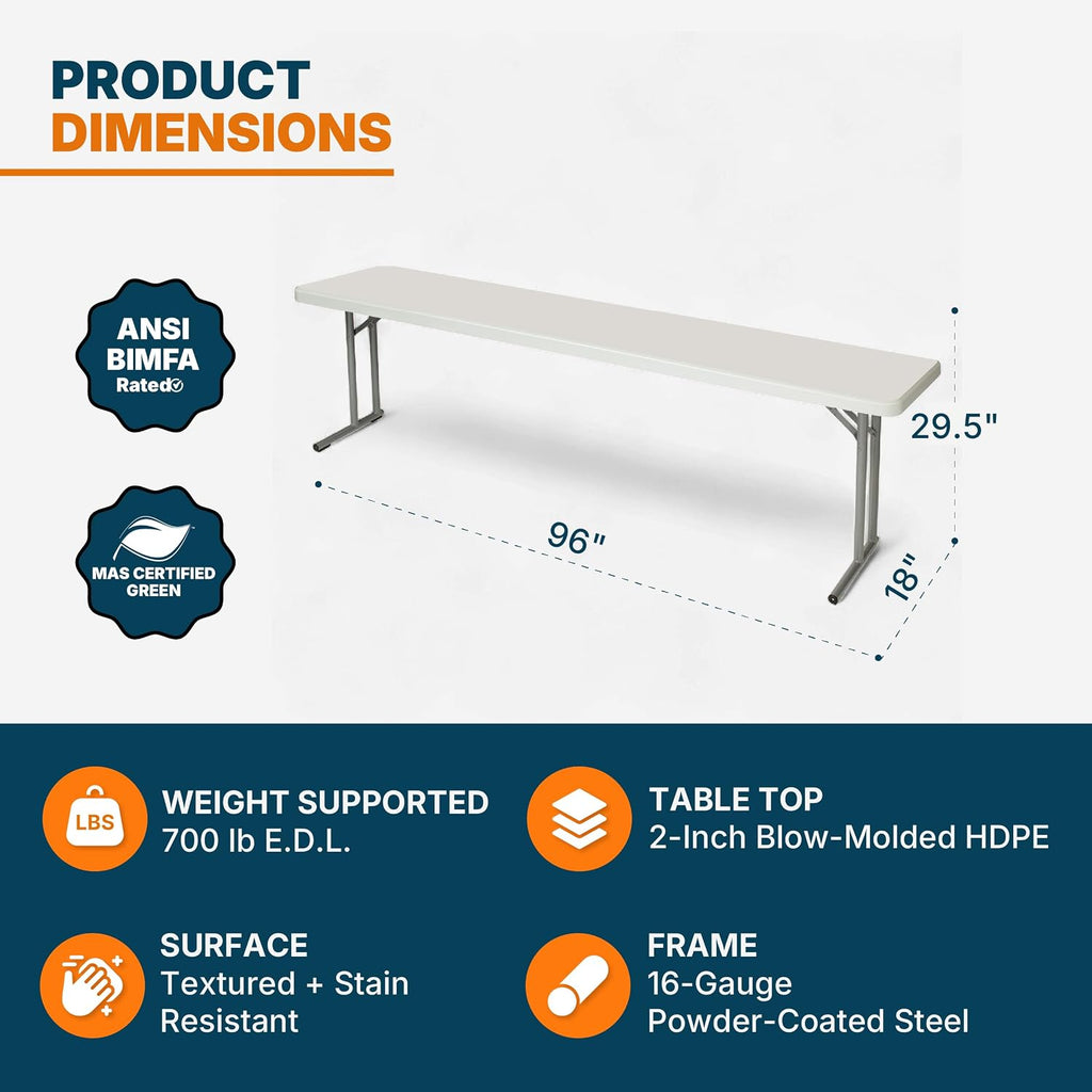 OEF Furnishings OEFBT-SEM1896 Commercial-Grade Premium Industrial Seminar Folding Table with Thick Blow-Molded Top and 16-Gauge Cantilever Steel Legs (Seminar, 18" × 96", Speckled Gray Top)