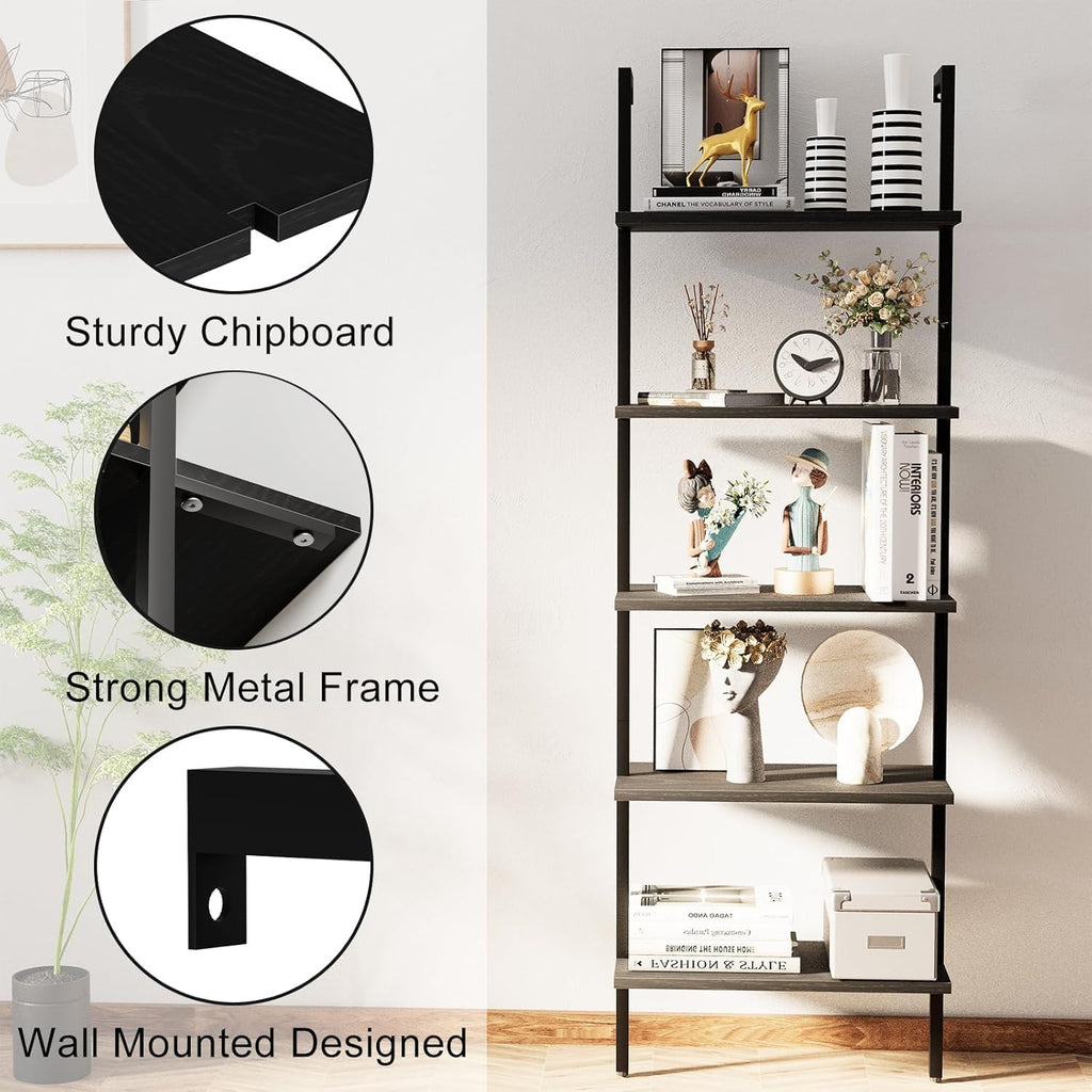 aboxoo Ladder Shelf Open 5-Tier Bookshelf Wall-Mounted Black Wood Bookcase Storage Rack Open Industrial Modern Plant Stand Utility Organizer Bookcase Metal Frame Furniture Office Bedroom