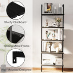aboxoo Ladder Shelf Open 5-Tier Bookshelf Wall-Mounted Black Wood Bookcase Storage Rack Open Industrial Modern Plant Stand Utility Organizer Bookcase Metal Frame Furniture Office Bedroom